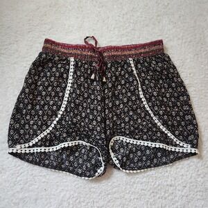 SR Black Geometric Print‎ Drawstring Shorts Women's Size L Boho Pom Pom Trim